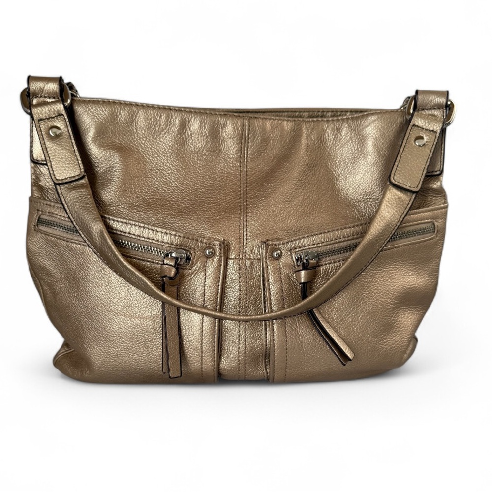 Tignanello Metallic Gold Bronze Pebbled Leather Shoulder Bag
